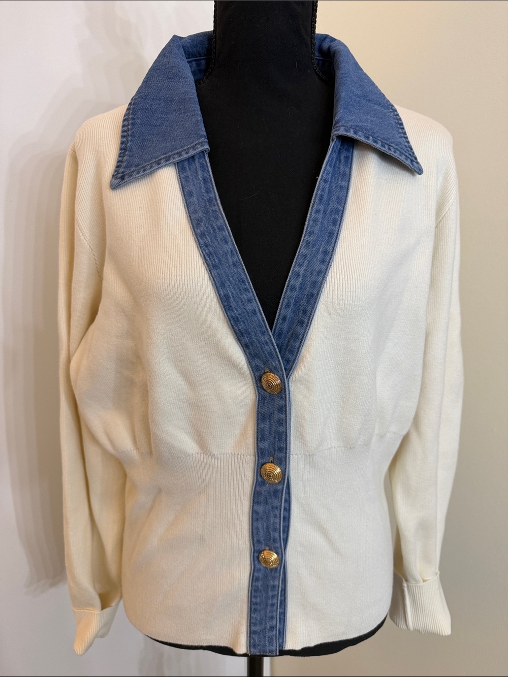 Commense Cream Cardigan with Blue Denim Trim and Gold Buttons